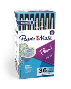 Paper Mate Flair Porous-Point Pens, Medium Point, 0.7 mm, Black Barrel, Black Ink, Pack Of 36 Pens