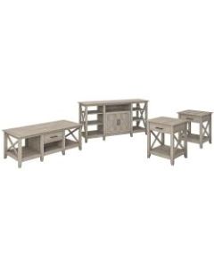 Bush Furniture Key West Tall TV Stand with Coffee Table and Set of 2 End Tables, Washed Gray, Standard Delivery