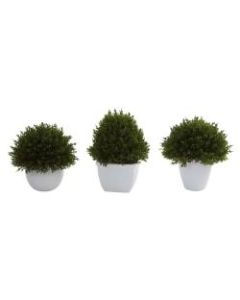 Nearly Neutral 4-1/2inH Plastic Mixed Cedar Topiaries With Vases, Green/White, Set Of 3 Topiaries