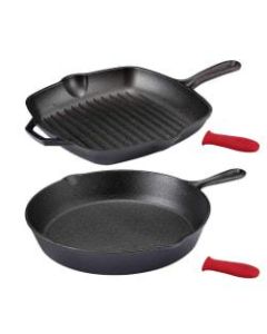 MegaChef Pre-Seasoned 4-Piece Cast Iron Cookware Set, Black/Red