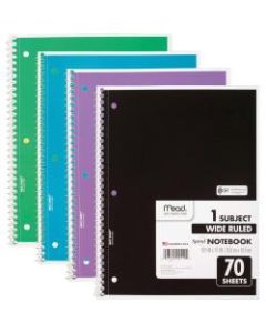 Mead 1 Subject Wide Ruled Spiral Notebook - 70 Sheets - 140 Pages - Spiral Bound - 3 Hole(s) - 10 1/2in x 8in - 10in x 8in0.5in - White Paper - Assorted Cover - Durable Cover, Bleed Resistant, Perforated, Spiral Lock, Lightweight - 4 / Pack
