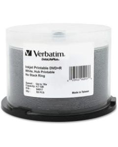 Verbatim Inkjet Printable DVD+R Discs, 4.7GB, 16x, Spindle, White, 50/Pack