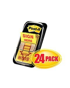 Post-it Message Flags, "Sign Here", 1in x 1-11/16in, Yellow, 50 Flags Per Pad, Pack Of 24 Pads