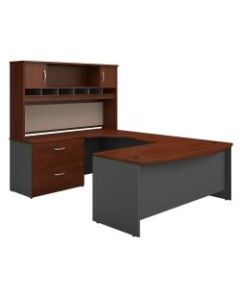 Bush Business Furniture Components 72inW Left-Handed Bow-Front U-Shaped Desk With Hutch And Storage, Hansen Cherry/Graphite Gray, Premium Installation