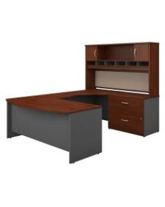 Bush Business Furniture Components 72inW Right-Handed Bow-Front U-Shaped Desk With Hutch And Storage, Hansen Cherry/Graphite Gray, Premium Installation