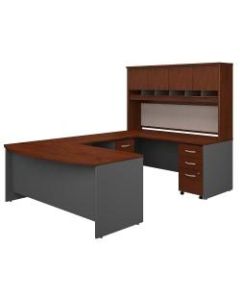 Bush Business Furniture 72inW Bow-Front U-Shaped Desk With Hutch And Storage, Hansen Cherry/Graphite Gray, Premium Installation