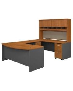 Bush Business Furniture 72inW Bow-Front U-Shaped Desk With Hutch And Storage, Natural Cherry/Graphite Gray, Premium Installation