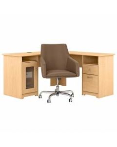 Bush Furniture Cabot 60inW L-Shaped Computer Desk With Mid-Back Leather Box Chair, Natural Maple, Standard Delivery