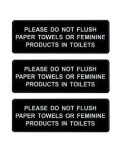 Alpine "Please Do Not Flush Paper Towels Or Feminine Products In Toilets" Signs, 3in x 9in, Black/White, Pack Of 3 Signs
