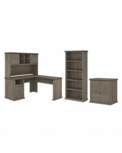 Bush Furniture Yorktown 60inW L-Shaped Desk With Hutch, Lateral File Cabinet And 5-Shelf Bookcase, Restored Gray, Standard Delivery