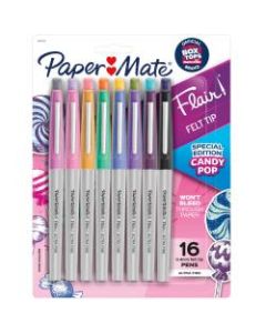 Paper Mate Flair Felt-Tip Pens, Ultra Fine Point, 0.4 mm, Gray Barrel, Assorted Ink, Pack Of 16