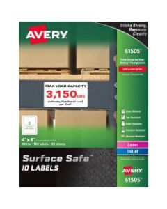 Avery Surface Safe ID Labels - Removable Adhesive - 4in Width x 6in Length - Rectangle - Laser, Inkjet - White - Polyester - 2 / Sheet - 50 Total Sheets - 100 / Pack