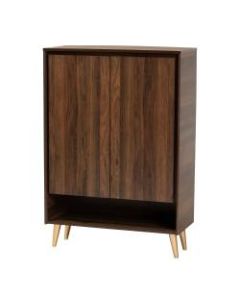 Baxton Studio Mid-Century Modern 46inH 2-Door Entryway Shoe Cabinet, Walnut Brown/Gold