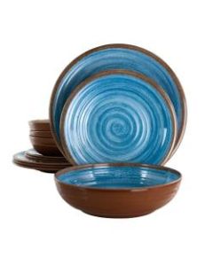Elama Rippled Tides 12-Piece Dinnerware Set, Blue/Brown
