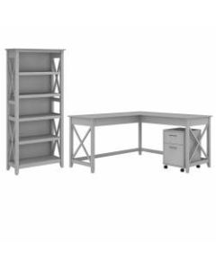 Bush Furniture Key West 60inW L-Shaped Desk With 2-Drawer Mobile File Cabinet And 5-Shelf Bookcase, Cape Cod Gray, Standard Delivery