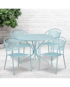 Flash Furniture Commercial-Grade Round Indoor/Outdoor Metal Patio Table Set With 4 Round-Back Chairs, 28-3/4inH x 35-1/4inW x 35-1/4inD, Sky Blue