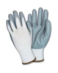 Safety Zone Nitrile Coated Knit Gloves - Nitrile Coating - Medium Size - Gray, White - Knitted, Durable, Flexible, Comfortable, Breathable - For Industrial - 12 / Dozen