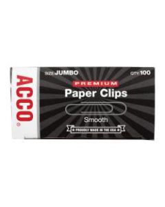 ACCO Premium Jumbo Paper Clips, 1-3/4in, 20-Sheet Capacity, Silver, 100 Clips Per Box, Pack Of 10 Boxes