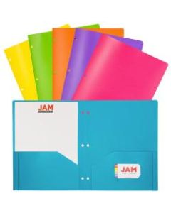 JAM Paper POP Plastic 3-Hole Punched 2-Pocket School Folders, 9-1/2in x 11-1/2in, Assorted Fashion, Pack Of 6 Folders