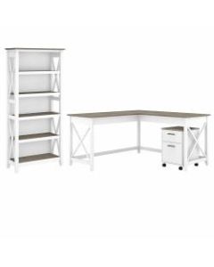 Bush Furniture Key West 60inW L-Shaped Desk With 2-Drawer Mobile File Cabinet And 5-Shelf Bookcase, Shiplap Gray/Pure White, Standard Delivery