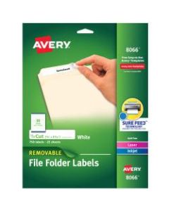 Avery Removable File Folder Labels, Inkjet, 8066, 2/3in x 3 7/16in, White, Pack Of 750