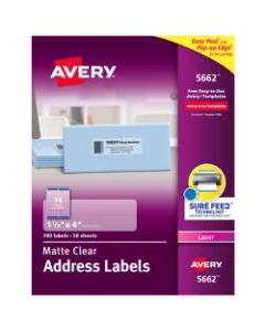 Avery Easy Peel Permanent Laser Address Labels, 5662, 1 1/3in x 4in, Clear, Pack Of 700