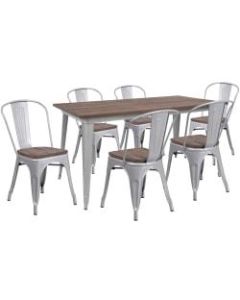 Flash Furniture Metal Table Set With Wood Top And 6 Stack Chairs, 30-1/2inH x 30-1/4inW x 60inD, Silver