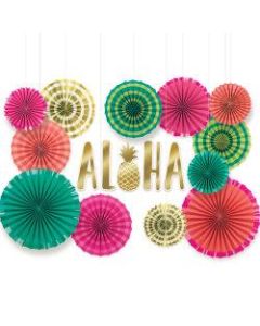 Amscan Summer Luau Aloha Deluxe Paper Fan Decorating Kit, Set Of 22 Pieces
