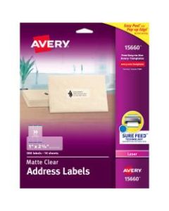 Avery Easy Peel Permanent Laser Address Labels, 15660, 1in x 2 5/8in, Clear, Pack Of 300