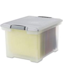 Storex Tote Stackable Storage Box With Lid, Letter/Legal Size, 14 5/16in x 18 1/2in x 10 15/16in, Clear/Silver