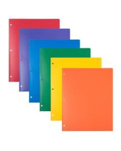 JAM Paper Heavy-Duty 3-Hole Punched Plastic Presentation Folders, 9-1/2in x 11-1/2in, Assorted Primary, Pack Of 6 Folders