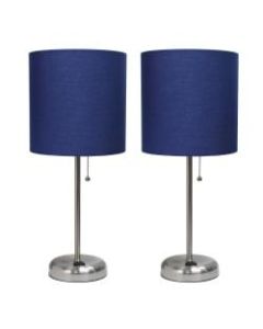 LimeLights Stick Desktop Lamps With Charging Outlets, 19-1/2in, Navy Shade/Brushed Nickel Base, Set Of 2 Lamps