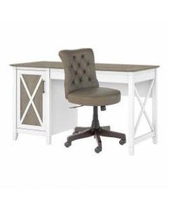 Bush Furniture Key West 54inW Computer Desk With Storage And Mid-Back Tufted Office Chair, Shiplap Gray/Pure White, Standard Delivery