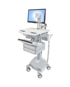 Ergotron StyleView Cart with LCD Pivot, LiFe Powered, 2 Drawers - 2 Drawer - 35 lb Capacity - 4 Casters - Aluminum, Plastic, Zinc Plated Steel - White, Gray, Polished Aluminum