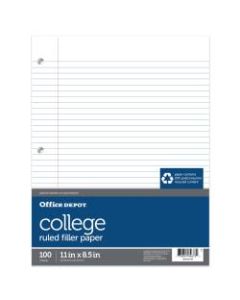 Office Depot Brand College-Ruled Notebook Filler Paper, 3-Hole Punched, 11in x 8 1/2in, 100 Sheets