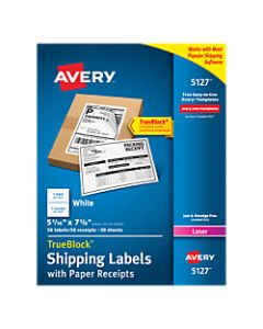 Avery TrueBlock White Laser Shipping Labels, With Paper Receipt, 5127, 5 1/16in x 7 5/8in, Pack Of 50