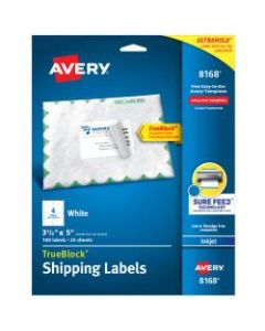 Avery TrueBlock Permanent Inkjet Shipping Labels, 8168, 3 1/3in x 5in, White, Pack Of 100