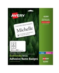 Avery EcoFriendly 100% Recycled Name Badges, 2 1/3in x 3 3/8in, White, Pack Of 160