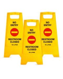 Alpine 2-Sided "No Entry Restroom Closed" Fold-Out Floor Signs, 24in x 12in, Yellow, Pack Of 3 Signs