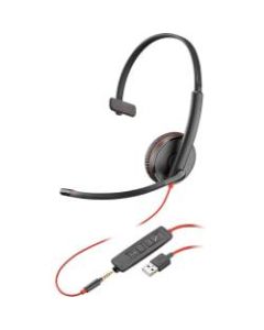 Plantronics Blackwire C3215 Headset - Mono - USB Type A, Mini-phone (3.5mm) - Wired - 20 Hz - 20 kHz - Over-the-head - Monaural - Supra-aural - Noise Cancelling Microphone - Black