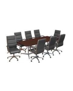 Bush Business Furniture 96inW x 42inD Boat-Shaped Conference Table With Metal Base And Set Of 8 High-Back Office Chairs, Harvest Cherry, Premium Installation