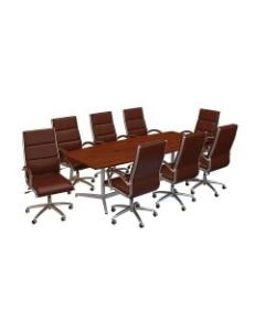 Bush Business Furniture 96inW x 42inD Boat-Shaped Conference Table With Metal Base And Set Of 8 High-Back Office Chairs, Hansen Cherry, Premium Installation