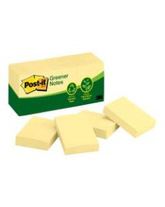 Post it Greener Notes, 100% Recycled, 1 1/2in x 2in, Canary Yellow, Pack Of 12 Pads