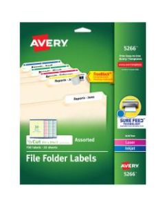 Avery TrueBlock Permanent Inkjet/Laser File Folder Labels, 5266, 2/3in x 3 7/16in, Assorted, Box Of 750