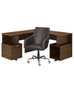 kathy ireland Home by Bush Furniture Madison Avenue 60inW L-Shaped Desk And Chair Set, Modern Walnut, Standard Delivery