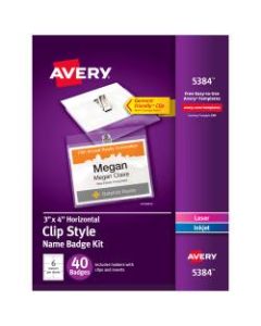 Avery Clip Style Name Badges, Top Loading, 3in x 4in, Box Of 40