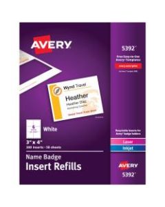 Avery Laser Name Badge Inserts, 3in x 4in, Box Of 300