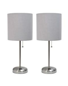 LimeLights Stick Desktop Lamps With Charging Outlets, 19-1/2in, Gray Shade/Brushed Nickel Base, Set Of 2 Lamps