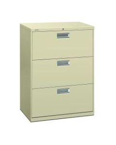 HON 600 30inW Lateral 3-Drawer Standard File Cabinet With Lock, Metal, Putty