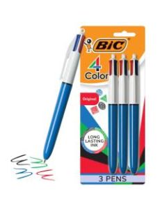 BIC 4-Color Retractable Ballpoint Pen, Medium Point, 1.0 mm, Blue Barrel, Assorted Ink Colors, Pack Of 3